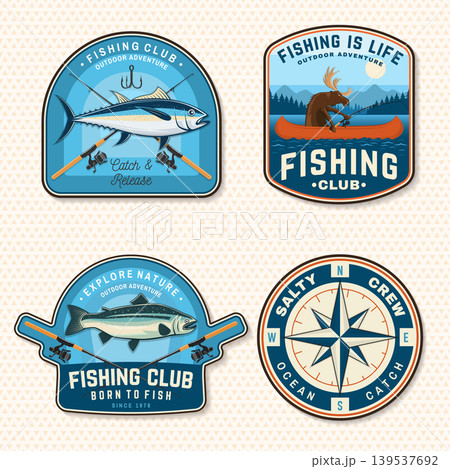 Vintage fishing patch collection with tuna, sea bream, compass and outdoor adventure badges. Retro marine sticker pack vector set for apparel, branding and sport fishing design 139537692