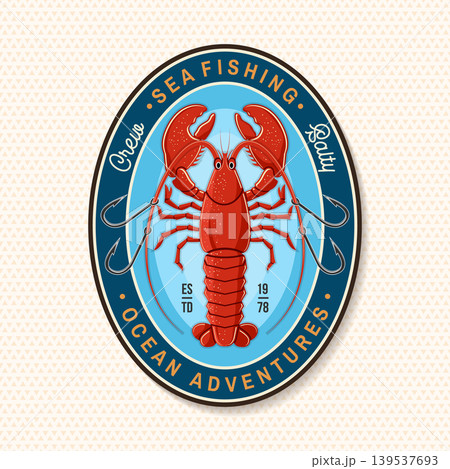 Retro lobster seafood patch vector badge with nautical hooks and vintage ocean adventure style. Marine emblem illustration for fishing clubs, stickers and apparel design Retro lobster seafood patch vector badge with nautical hooks and vintage ocean adventure style. Marine emblem illustration for fishing clubs, stickers and apparel design 139537693