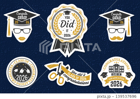 Vintage graduation badge collection with class of 2026 emblems, awards and congratulation stickers. Retro academic vector patch set for print, apparel and merchandise 139537696