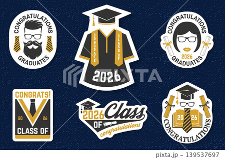 Retro graduation patch collection with graduate characters, diploma and class of 2026 badges. Vintage academic vector sticker set for celebration, apparel and branding Retro graduation patch collection with graduate characters, diploma and class of 2026 badges. Vintage academic vector sticker set for celebration, apparel and branding 139537697