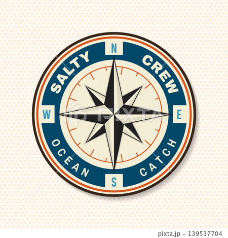 Vintage nautical compass badge vector emblem with ocean theme. Marine navigation logo in retro style for outdoor branding and adventure design. 139537704