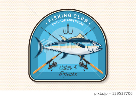 Vintage fishing club badge with tuna fish and rods vector logo. Nautical marine emblem in retro style for outdoor adventure branding and print design 139537706