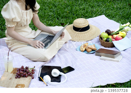 Young woman using laptop while having picnic on mat in park Young woman using laptop while having picnic on mat in park 139537728
