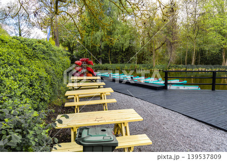 Lakeside recreation area with picnic tables and boat rental. 139537809