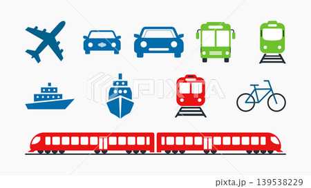 Variety of transportation icons including airplanes buses cars trains bicycles 139538229