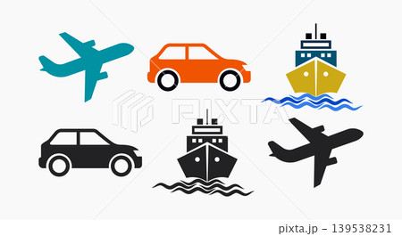 Set of colorful transportation icons including airplanes cars ships Set of colorful transportation icons including airplanes cars ships 139538231