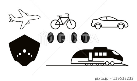 Collection of transportation icons including airplane bicycle car train Collection of transportation icons including airplane bicycle car train 139538232