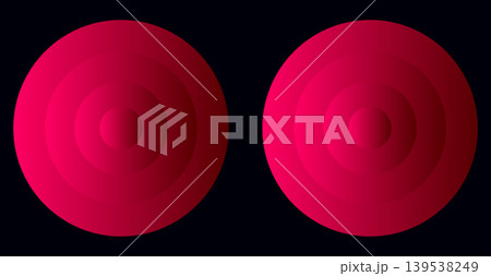 Two bright red spheres on a black background with round shapes, vivid red 139538249