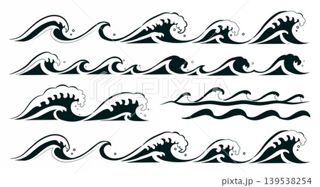Collection of black and white stylized wave illustrations with crashing Collection of black and white stylized wave illustrations with crashing 139538254
