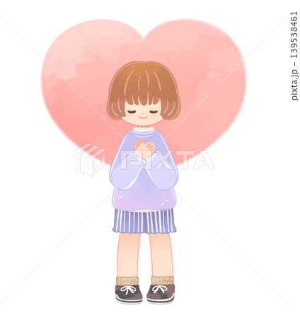 胸に手をあてた優しい表情の子どもとハート 女の子 胸に手をあてた優しい表情の子どもとハート 女の子 139538461