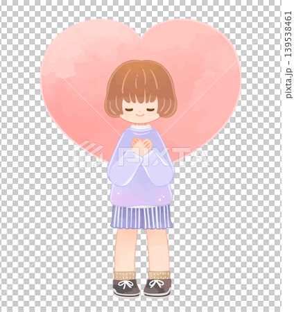 胸に手をあてた優しい表情の子どもとハート 女の子 胸に手をあてた優しい表情の子どもとハート 女の子 139538461