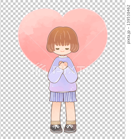 A girl with a gentle expression, her hand on her chest, and a heart. A girl with a gentle expression, her hand on her chest, and a heart. 139538462