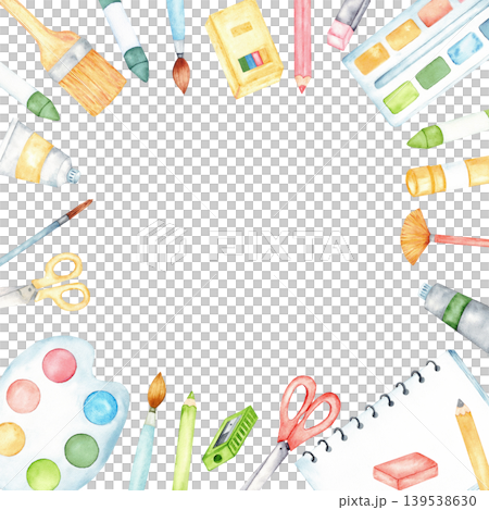 Square watercolor border of kids art supplies frame with brushes scissors pencils palette and paints for children's craft party invitation background and poster design. Back to school. Copy space Square watercolor border of kids art supplies frame with brushes scissors pencils palette and paints for children's craft party invitation background and poster design. Back to school. Copy space 139538630