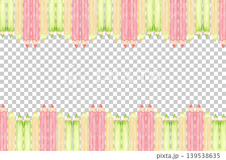Horizontal pencil border banner with pink and green watercolor pencils for school header poster background and stationery design. Education concept. Isolated. Hand drawn. Back to school. Copy space 139538635