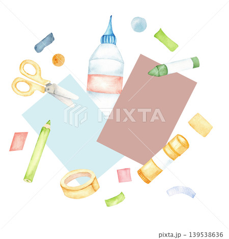 Watercolor cut and craft supplies arrangement with scissors glue paper tape and pencils for diy background poster and banner design. Isolated. Hand drawn. Back to school. Copy space. Education concept 139538636