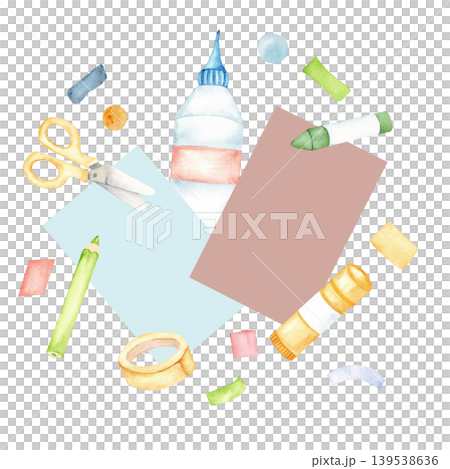 Watercolor cut and craft supplies arrangement with scissors glue paper tape and pencils for diy background poster and banner design. Isolated. Hand drawn. Back to school. Copy space. Education concept Watercolor cut and craft supplies arrangement with scissors glue paper tape and pencils for diy background poster and banner design. Isolated. Hand drawn. Back to school. Copy space. Education concept 139538636