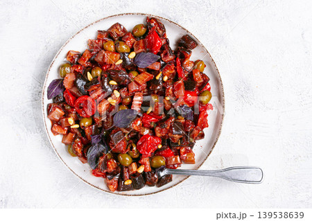 a plate of Sicilian caponata, vegetable stew, Italian cuisine, homemade, no people, a plate of Sicilian caponata, vegetable stew, Italian cuisine, homemade, no people, 139538639