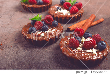 chocolate tartlets, stuffed with cottage cheese and berries, breakfast, homemade, no people, chocolate tartlets, stuffed with cottage cheese and berries, breakfast, homemade, no people, 139538642