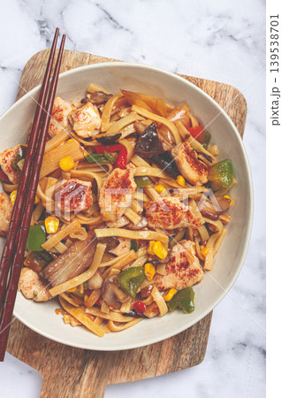 fried noodles with chicken meat and vegetables, Bami Goreng, Indonesian dish, no people, 139538701