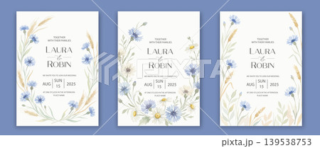 Wedding card template with wild herbs and flowers cornflowers and daisies. Wedding card template with wild herbs and flowers cornflowers and daisies. 139538753