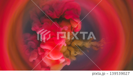 Defocused swirling fluid. Paint background. Blur pink purple yellow color vapor flow fog liquid spreading on creative acrylic art abstraction. 139539027