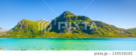 Lofoten islands, Norway. Nordic panoramic scene with transparent water and mountains. 139539205