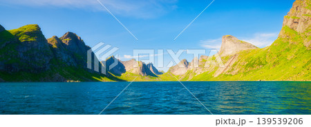 Lofoten islands, Norway. Nordic panoramic scene with mountains. Arctic nature. Lofoten islands, Norway. Nordic panoramic scene with mountains. Arctic nature. 139539206