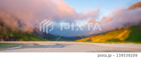 Norwegian arctic fjord at midnight sun. Lofoten Islands, Norway. 139539209