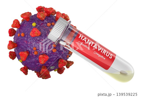 Test tube with hantavirus virus particle for hantavirus diagnosis, 3d rendering Test tube with hantavirus virus particle for hantavirus diagnosis, 3d rendering 139539225