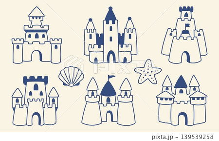 Sand castle set with sea shells and starfish minimal line vector illustration beach play concept summer vacation kids seaside fantasy castles Mediterranean blue style icons collection 139539258
