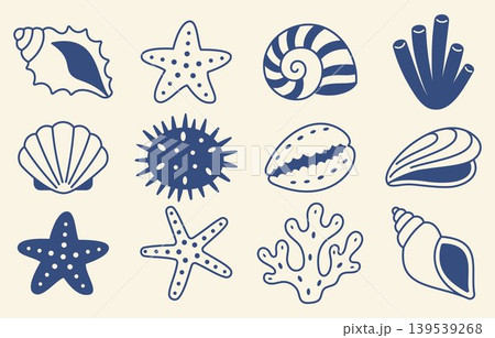Sea shell collection Mediterranean blue style with starfish coral seashell ocean marine beach nature tropical coastal set hand drawn summer vacation nautical underwater wildlife Marine Doodle Icons Sea shell collection Mediterranean blue style with starfish coral seashell ocean marine beach nature tropical coastal set hand drawn summer vacation nautical underwater wildlife Marine Doodle Icons 139539268