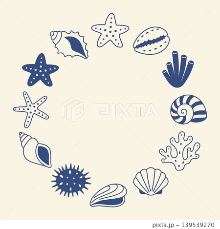 Sea shell frame with starfish coral seashell ocean marine beach border nature tropical coastal round composition Mediterranean blue style summer vacation nautical decorative illustration 139539270