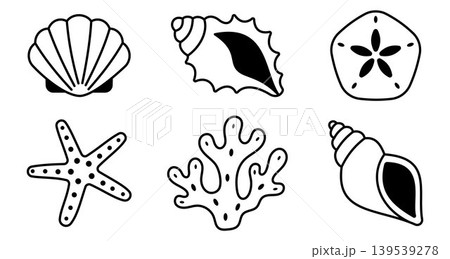 Sea shell and marine icon set with scallop conch sand dollar starfish coral spiral shell ocean beach coastal tropical nautical symbols black illustration collection pack Sea shell and marine icon set with scallop conch sand dollar starfish coral spiral shell ocean beach coastal tropical nautical symbols black illustration collection pack 139539278