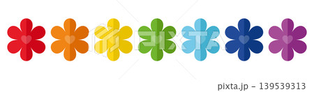 Colorful flower icons set with heart center rainbow palette floral symbols collection bright decorative shapes simple flat design romantic spring illustration for cards decor 139539313