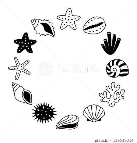 Seashell and starfish icons set marine collection ocean beach elements in circular composition simple black outline style nautical summer symbols for design coastal theme decoration Seashell and starfish icons set marine collection ocean beach elements in circular composition simple black outline style nautical summer symbols for design coastal theme decoration 139539314