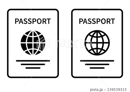 Passport icons set travel document symbols with globe sign simple line and solid style identification booklet design international trip concept minimal graphic elements collection Passport icons set travel document symbols with globe sign simple line and solid style identification booklet design international trip concept minimal graphic elements collection 139539315