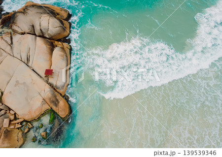 Coastline with rocks on beach and ocean in Brazil. Drone view 139539346