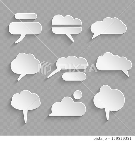 Realistic 3D Paper Cut Speech Bubble Set. Vector Blank White Chat Balloons and Thought Clouds with Shadow. Realistic 3D Paper Cut Speech Bubble Set. Vector Blank White Chat Balloons and Thought Clouds with Shadow. 139539351