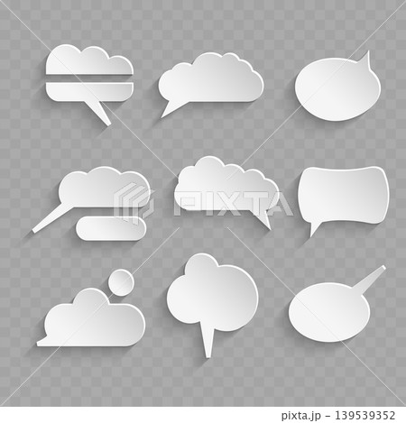 Realistic 3D Paper Cut Speech Bubble Set. Vector Blank White Chat Balloons and Thought Clouds with Shadow. Realistic 3D Paper Cut Speech Bubble Set. Vector Blank White Chat Balloons and Thought Clouds with Shadow. 139539352