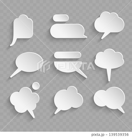 Realistic 3D Paper Cut Speech Bubble Set. Vector Blank White Chat Balloons and Thought Clouds with Shadow. Realistic 3D Paper Cut Speech Bubble Set. Vector Blank White Chat Balloons and Thought Clouds with Shadow. 139539356