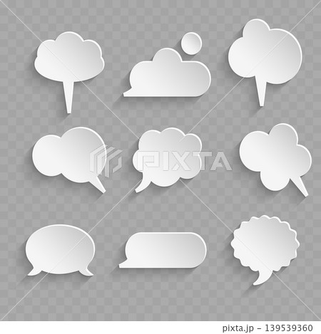 Realistic 3D Paper Cut Speech Bubble Set. Vector Blank White Chat Balloons and Thought Clouds with Shadow. Realistic 3D Paper Cut Speech Bubble Set. Vector Blank White Chat Balloons and Thought Clouds with Shadow. 139539360