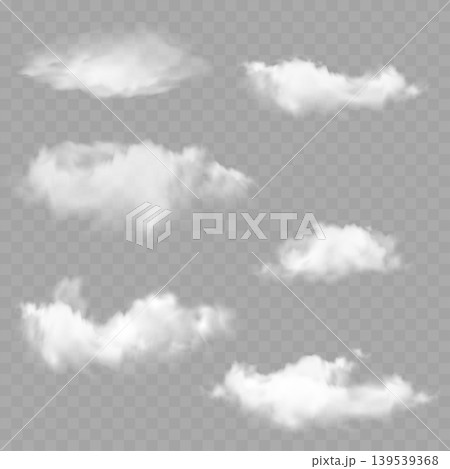 Realistic Fluffy Clouds Set. Vector White 3D Cloud Elements Isolated on Transparent Background. Realistic Fluffy Clouds Set. Vector White 3D Cloud Elements Isolated on Transparent Background. 139539368