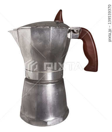 A classic Italian aluminium moka pot isolated on a white background. A classic Italian aluminium moka pot isolated on a white background. 139539370