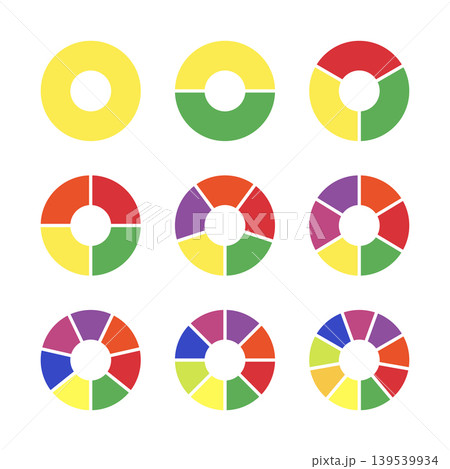 Loading bar mockup. Pie, pizza chart layout. Multicoloured diagrams infographic set. Multicolored donut charts, pies segmented on from 1 to 9 parts. Circle section graph. Wheels divided in 9 equal Loading bar mockup. Pie, pizza chart layout. Multicoloured diagrams infographic set. Multicolored donut charts, pies segmented on from 1 to 9 parts. Circle section graph. Wheels divided in 9 equal 139539934