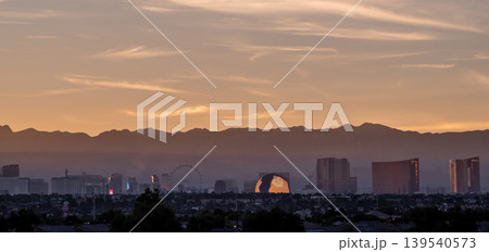 Las Vegas Nevada Skyline with Stratosphere Tower and Desert Mountain Backdrop  139540573