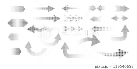 Arrow icons with halftone dots create dynamic direction patterns. Modern digital set features curved and straight arrows with geometric overlay effects for UI design 139540655