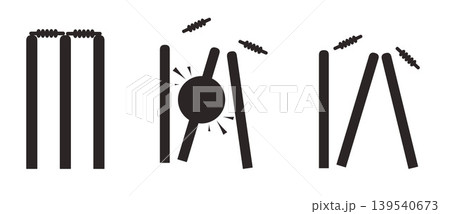 Cricket Wicket Hit Sequence Silhouette Set. Stumps and Bails Destruction Phases. Ball Hitting Target. Isolated Black Vector Illustration on white. Cricket Wicket Hit Sequence Silhouette Set. Stumps and Bails Destruction Phases. Ball Hitting Target. Isolated Black Vector Illustration on white. 139540673