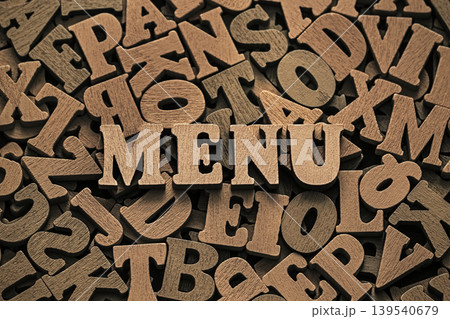 Inscription menu on pile of old brown vintage wooden letters. Inscription menu on pile of old brown vintage wooden letters. 139540679