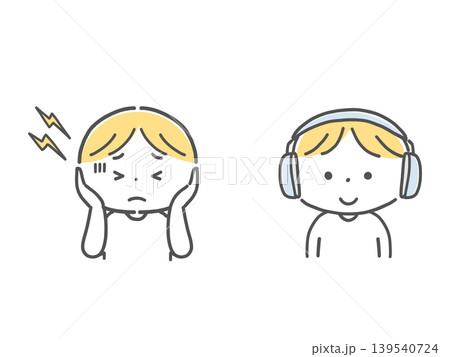 音に敏感な子どもがイヤーマフで安心するイラスト単色 音に敏感な子どもがイヤーマフで安心するイラスト単色 139540724