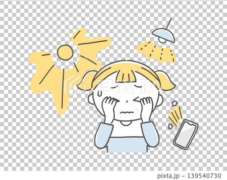 A monochrome illustration of a child with visual hypersensitivity who is troubled by various types of light. A monochrome illustration of a child with visual hypersensitivity who is troubled by various types of light. 139540730